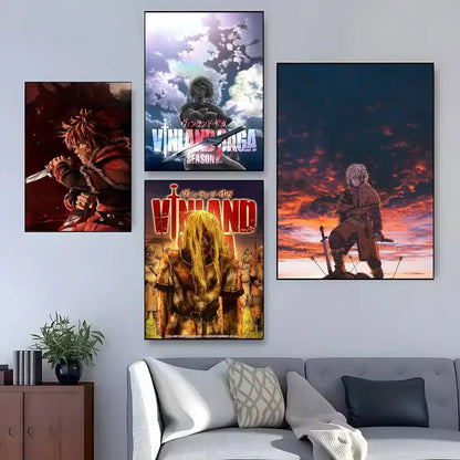 Four framed vinland saga manga wall art posters with vibrant colors and bold text for hd waterproof decor