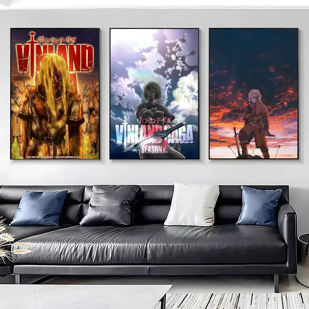 Three framed vinland saga anime posters wall art mounted above a black leather sofa in hd waterproof material