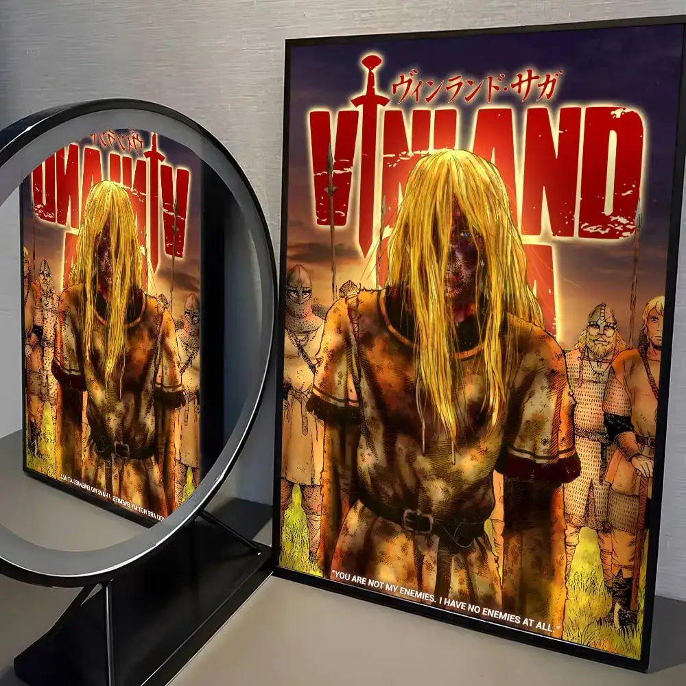 Vinland saga manga poster wall art featuring a blonde character in battle armor framed in black for durable decoration