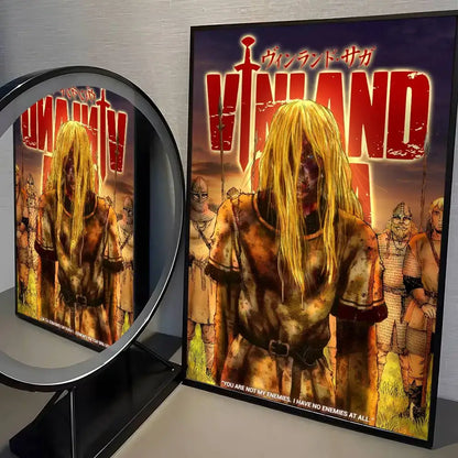 Vinland saga manga poster wall art featuring a blonde character in battle armor framed in black for durable decoration