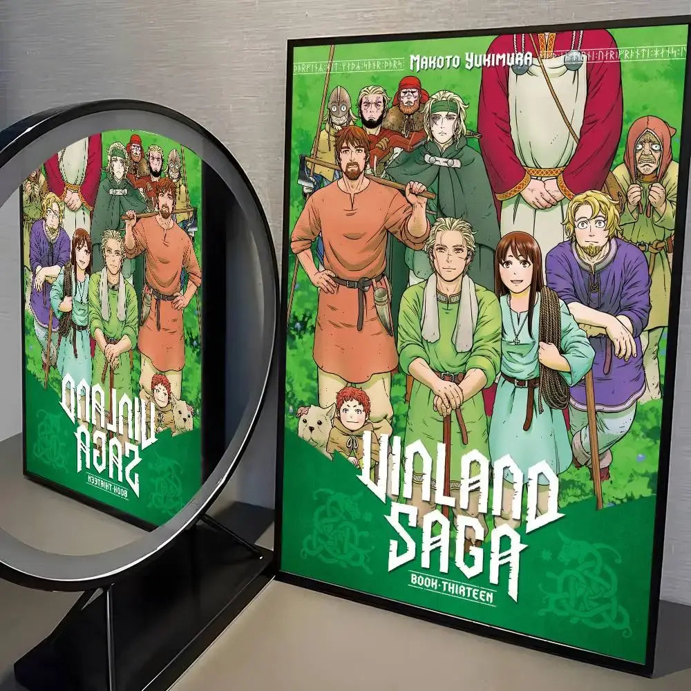 Green-framed vinland saga manga poster featuring medieval characters as hd waterproof wall art for home decor