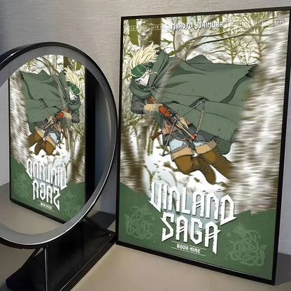 Framed vinland saga manga poster wall art with character in green cloak and goggles holding crossbow against forest background