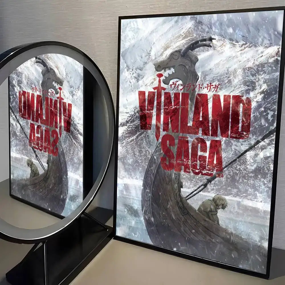 Black-framed vinland saga manga poster wall art with bold red title over snowy viking ship scene hd waterproof