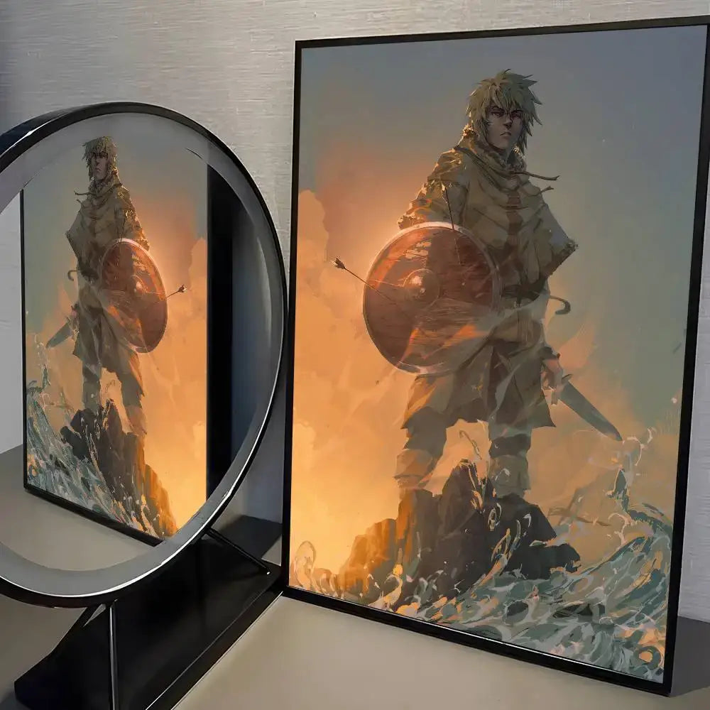 A framed vinland saga manga poster wall art featuring a blonde warrior with sword and shield amid waves under orange sky