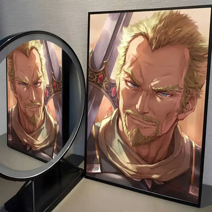 Black-framed vinland saga manga wall art featuring a detailed digital portrait of a bearded blonde man with blue eyes