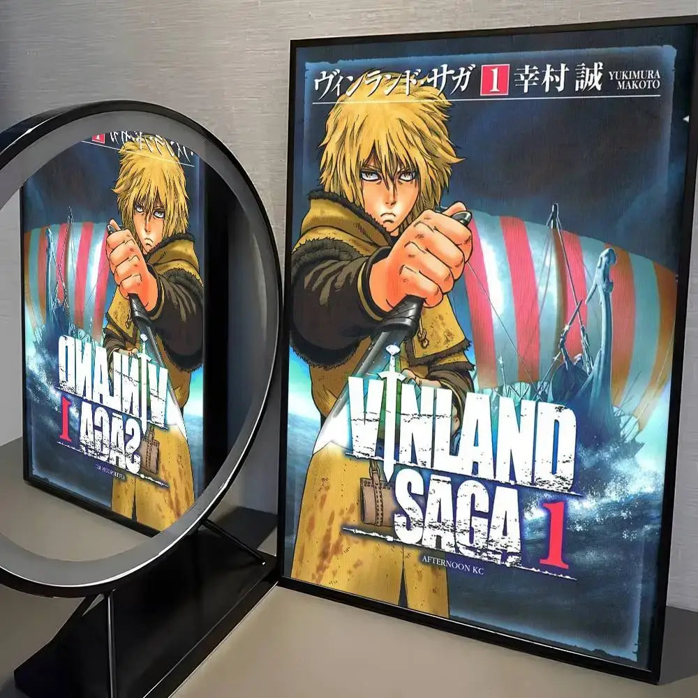 Vinland saga manga poster wall art featuring blonde protagonist in yellow and brown outfit holding sword on black frame