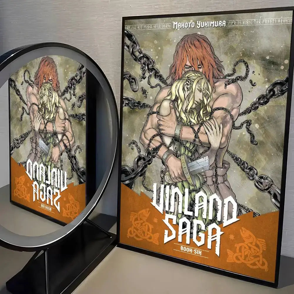 Black-framed vinland saga manga poster with orange-haired man and blonde woman in chains wall art for decor
