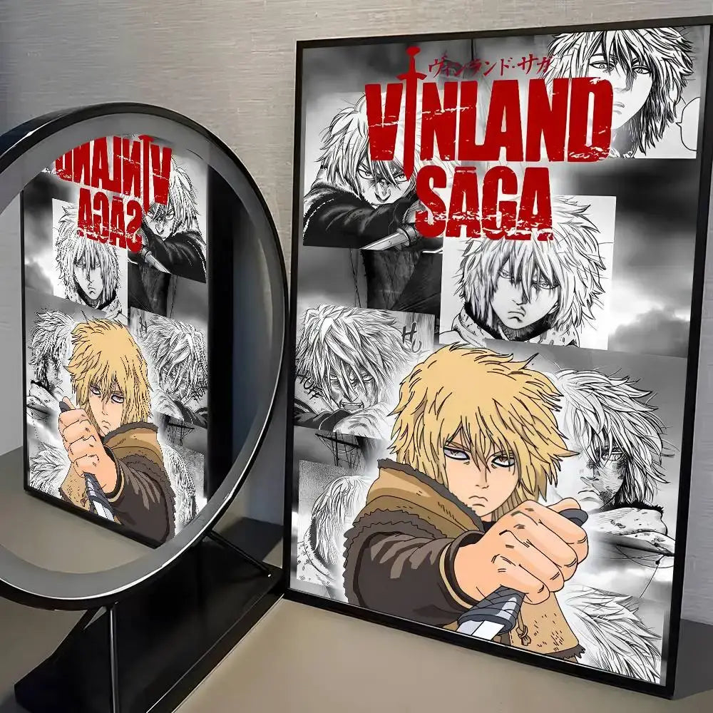 Black-framed vinland saga manga poster featuring monochrome and colored illustrations with bold red title wall art