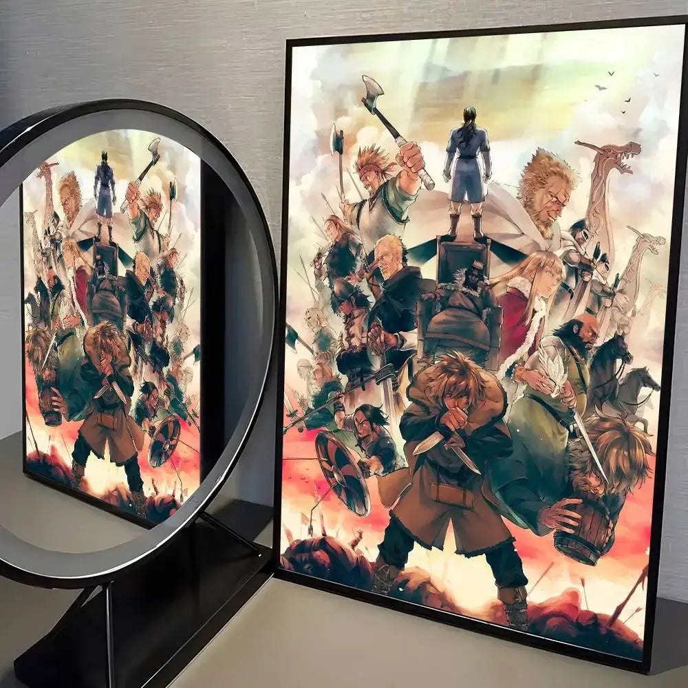 A framed vinland saga manga wall art poster featuring colorful anime warriors in detailed armor for vibrant decor