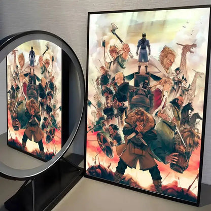A framed vinland saga manga wall art poster featuring colorful anime warriors in detailed armor for vibrant decor