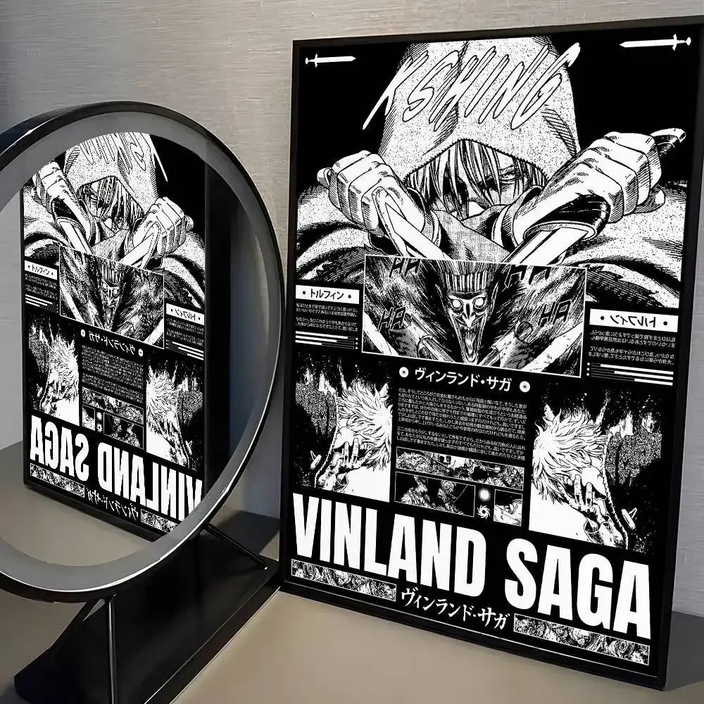 Black and white framed vinland saga wall art poster featuring bold stylized anime artwork with japanese text