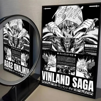 Black and white framed vinland saga wall art poster featuring bold stylized anime artwork with japanese text