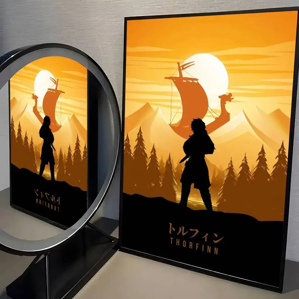 Vinland saga wall art featuring an orange and black framed poster of thorfinn silhouette with viking ship at sunset