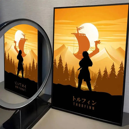 Vinland saga wall art featuring an orange and black framed poster of thorfinn silhouette with viking ship at sunset