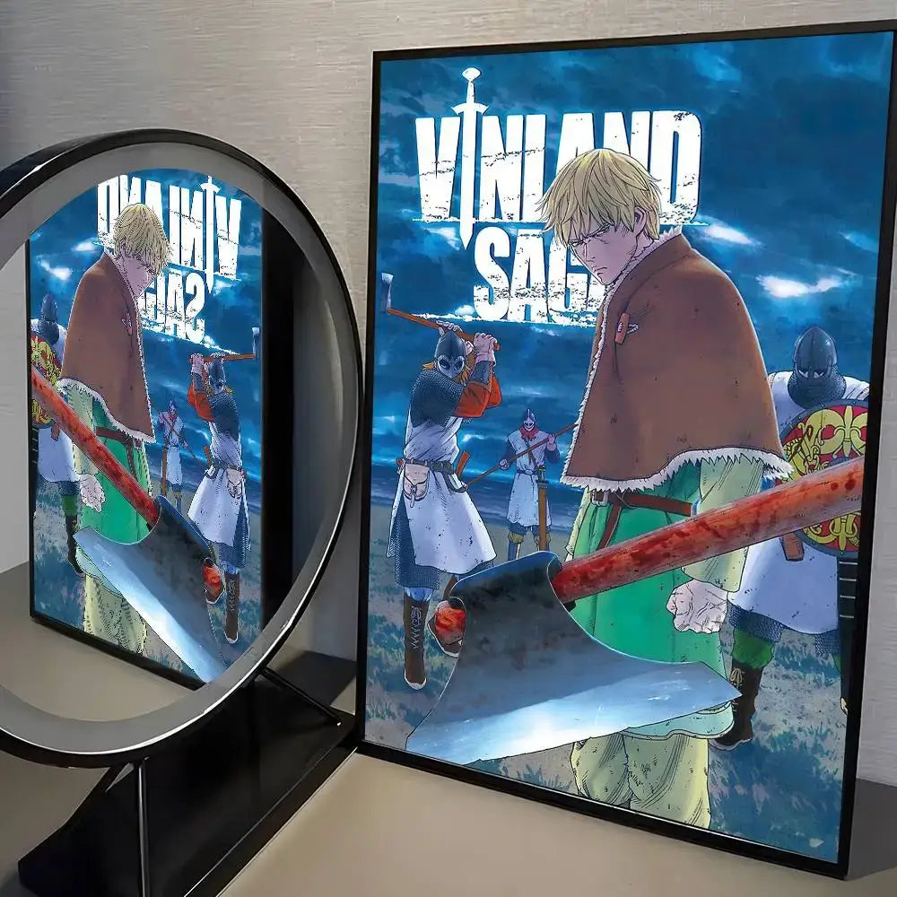 Vinland saga manga poster wall art featuring a blonde character with a bloodied axe on a stormy blue background in hd waterproof material