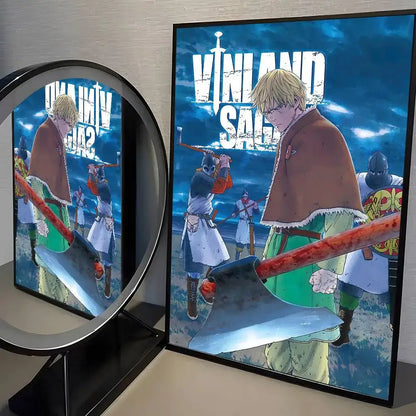 Vinland saga manga poster wall art featuring a blonde character with a bloodied axe on a stormy blue background in hd waterproof material