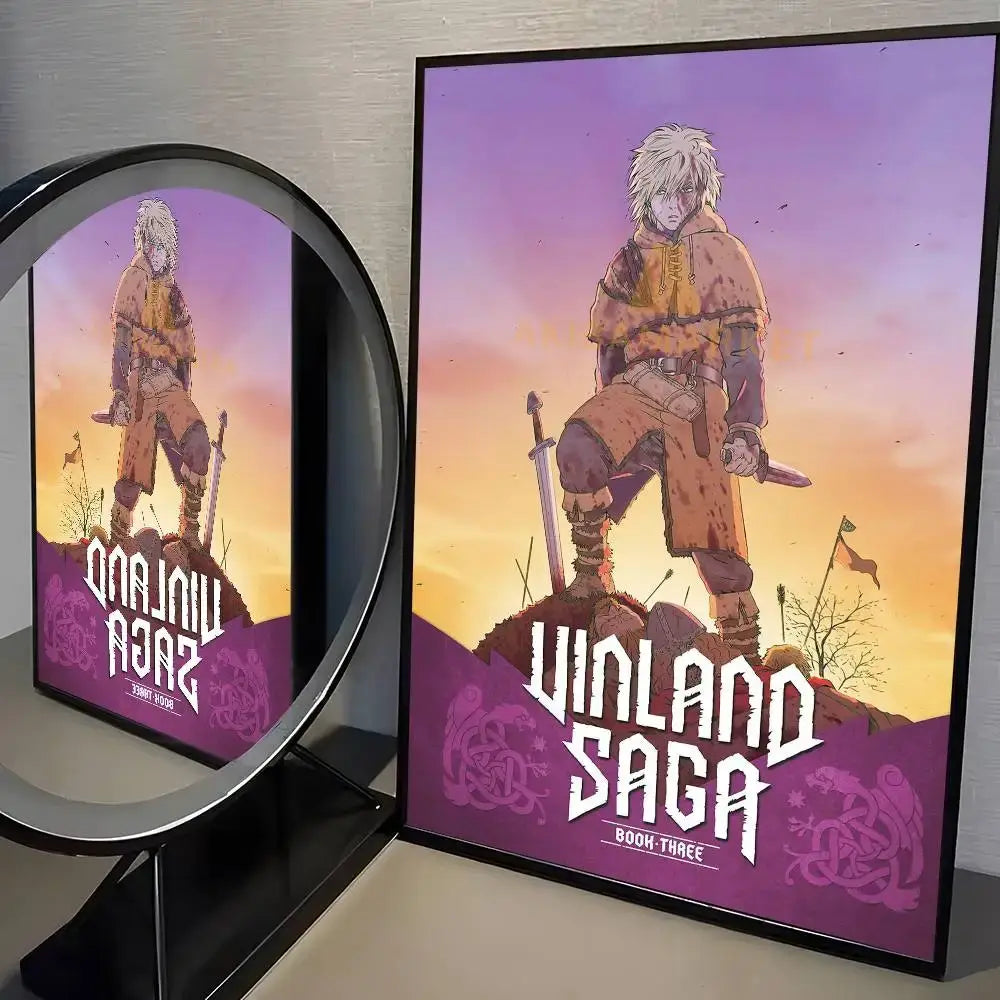 Framed vinland saga manga poster featuring white-haired anime character against vibrant purple and orange sunset wall art