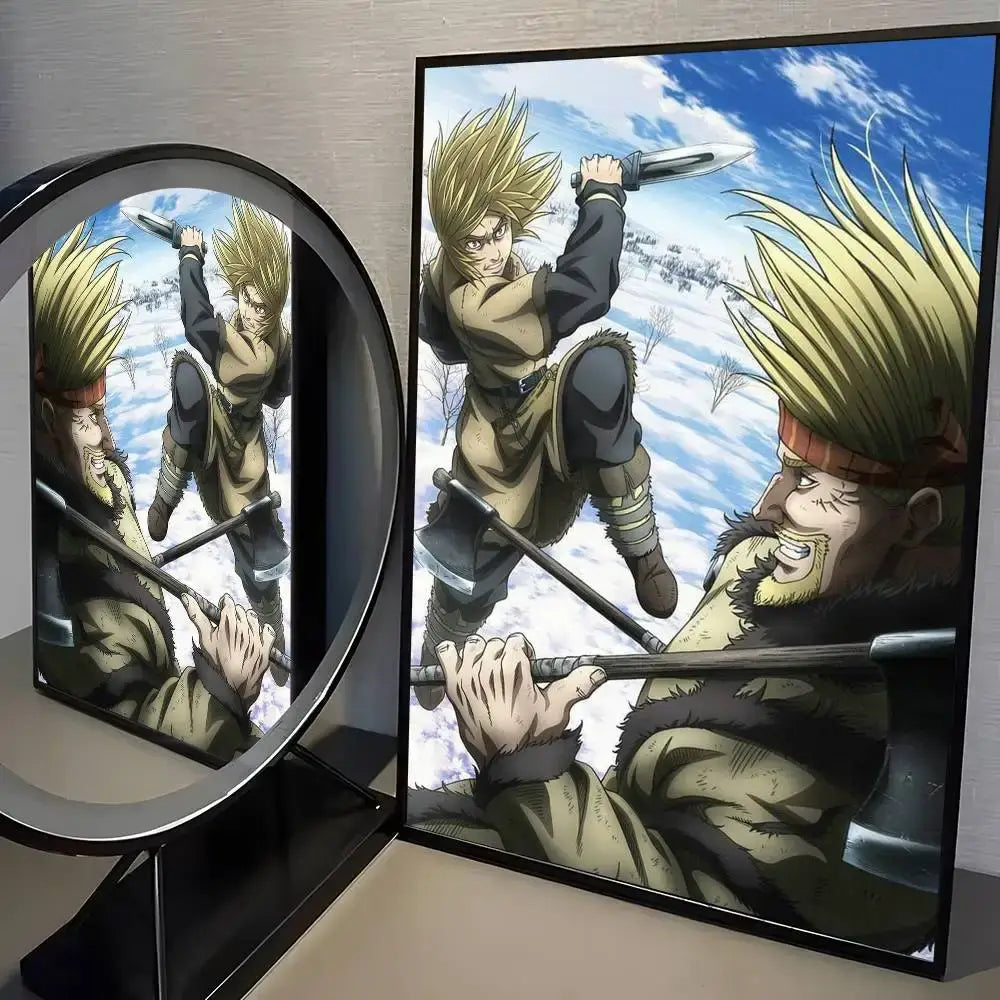Black-framed vinland saga wall art featuring two characters in winter attire with sword and axe in dynamic scene