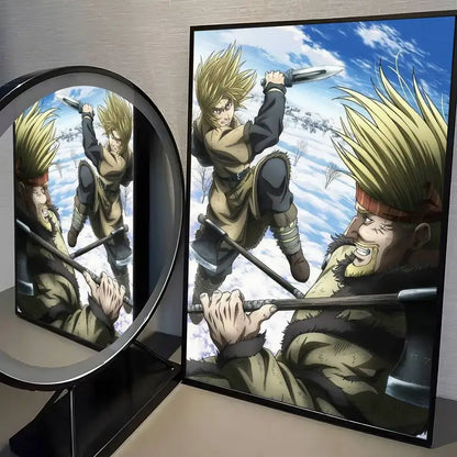 Black-framed vinland saga wall art featuring two characters in winter attire with sword and axe in dynamic scene