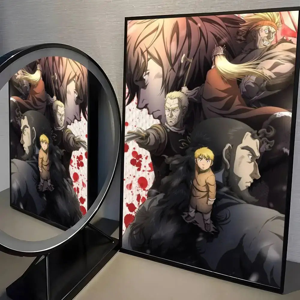Black-framed vinland saga manga poster wall art featuring dramatic characters with red splatters on dark background