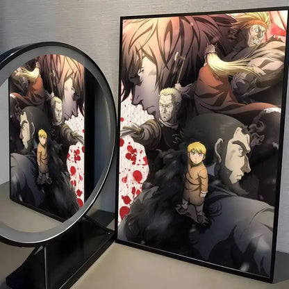 Black-framed vinland saga manga poster wall art featuring dramatic characters with red splatters on dark background