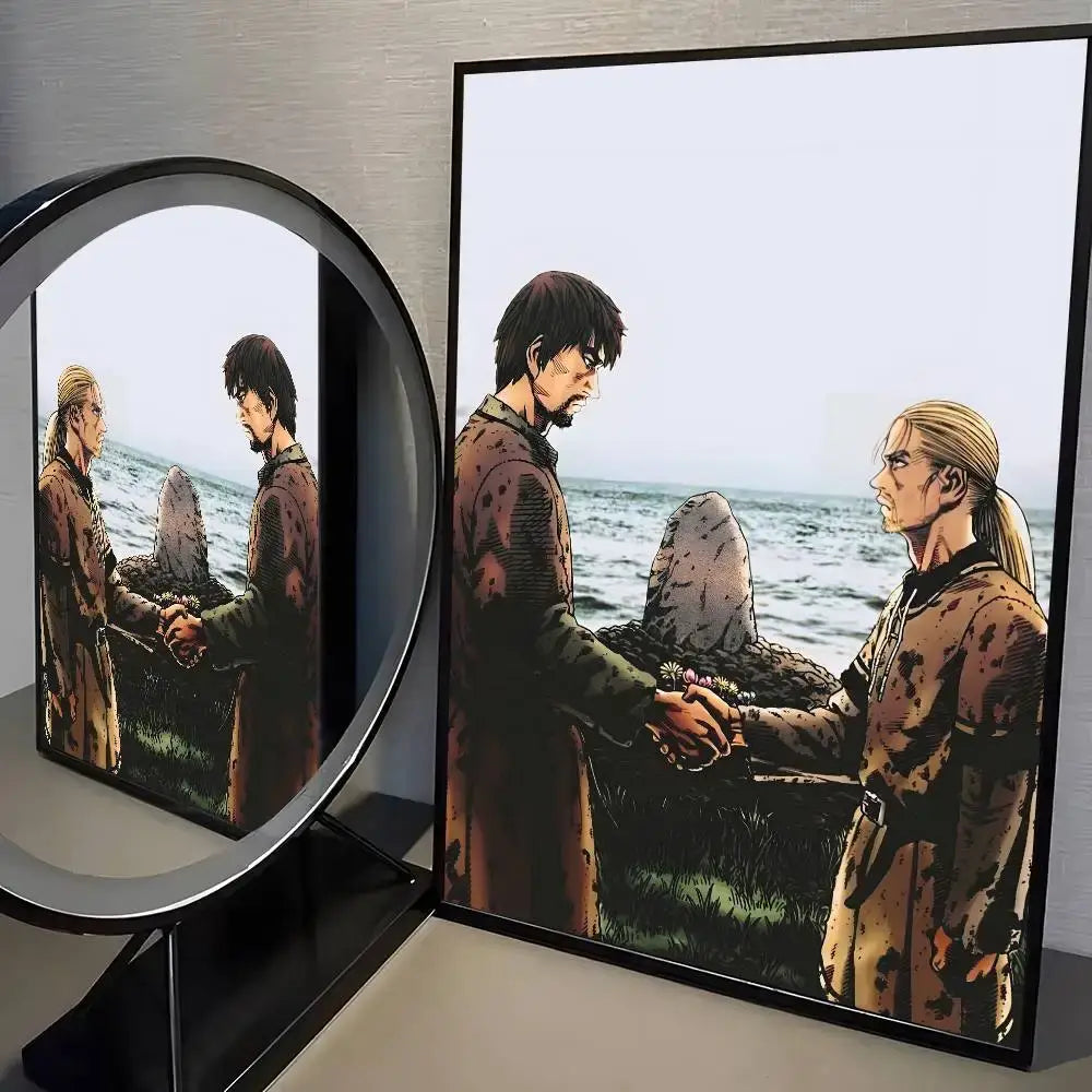 Black-framed vinland saga wall art featuring two characters in a dramatic blood-splattered scene with earth tones