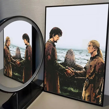 Black-framed vinland saga wall art featuring two characters in a dramatic blood-splattered scene with earth tones
