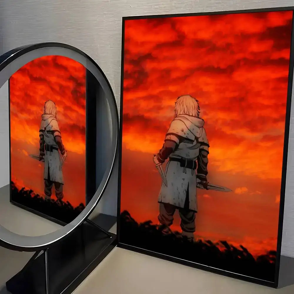 Framed vinland saga wall art poster featuring a lone figure in white and gray armor against a fiery sky