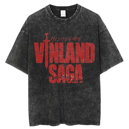 Black distressed cotton o-neck t-shirt featuring bold red vinland saga manga graphic with sword and japanese text above