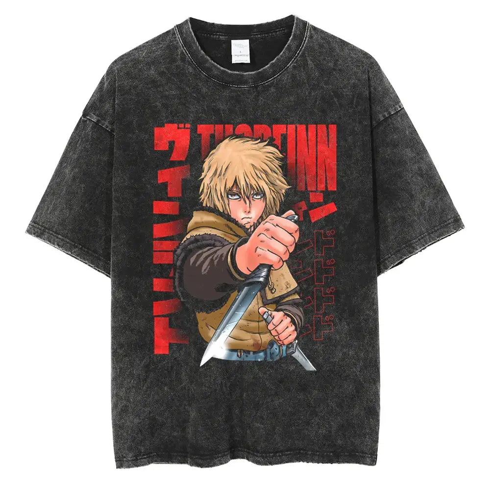 Black distressed cotton vinland saga manga t-shirt with bold red and black anime character holding a sword design
