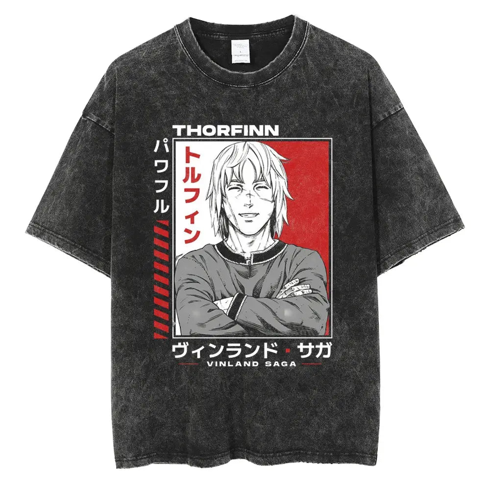 Black distressed cotton t-shirt featuring thorfinn graphic with red and white text from vinland saga manga saga manga