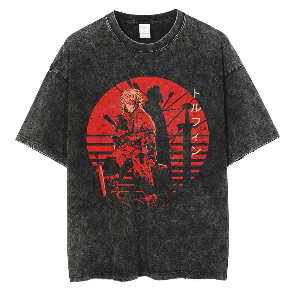 Black distressed cotton vinland saga manga t-shirt with bold red circular anime graphic and japanese text