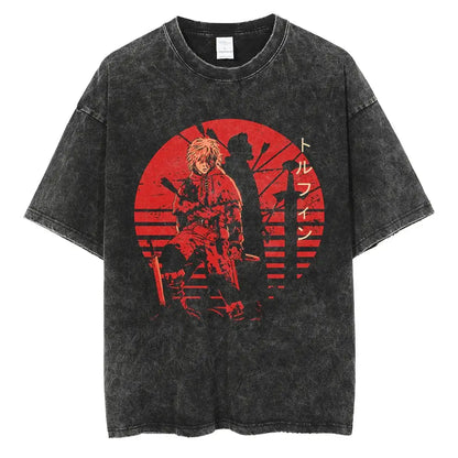 Black distressed cotton vinland saga manga t-shirt with bold red circular anime graphic and japanese text