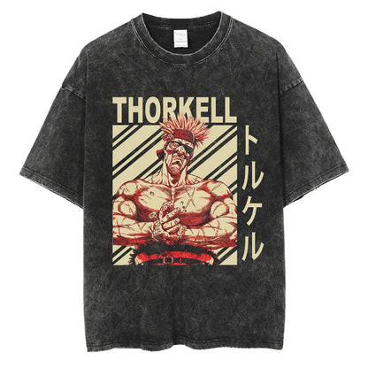 Black distressed cotton vinland saga manga t-shirt with bold red and beige thorkell graphic and japanese text