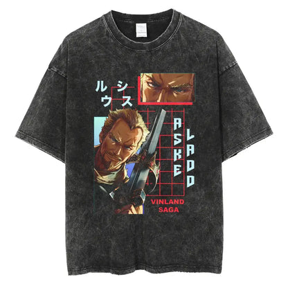 Black distressed cotton t-shirt with vibrant vinland saga manga graphic print and bold text in washed cotton o-neck style