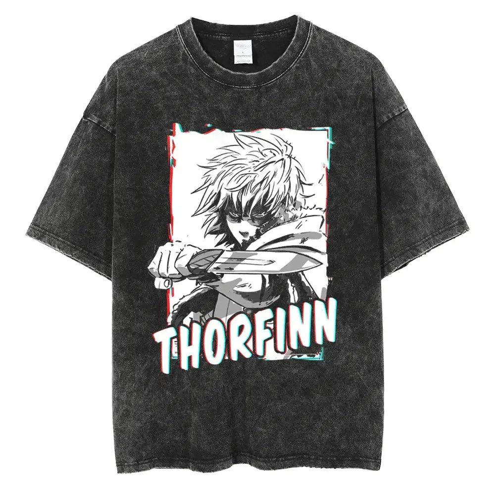 Black distressed cotton vinland saga manga t-shirt with white and gray anime character and colorful thorfinn lettering