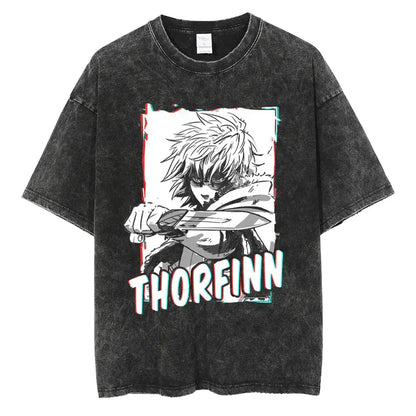 Black distressed cotton vinland saga manga t-shirt with white and gray anime character and colorful thorfinn lettering