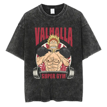 Black distressed cotton vinland saga manga t-shirt featuring a muscular character with spiky hair and valhalla super gym text