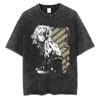 Black distressed cotton t-shirt with white anime character and japanese text featuring vinland saga manga design