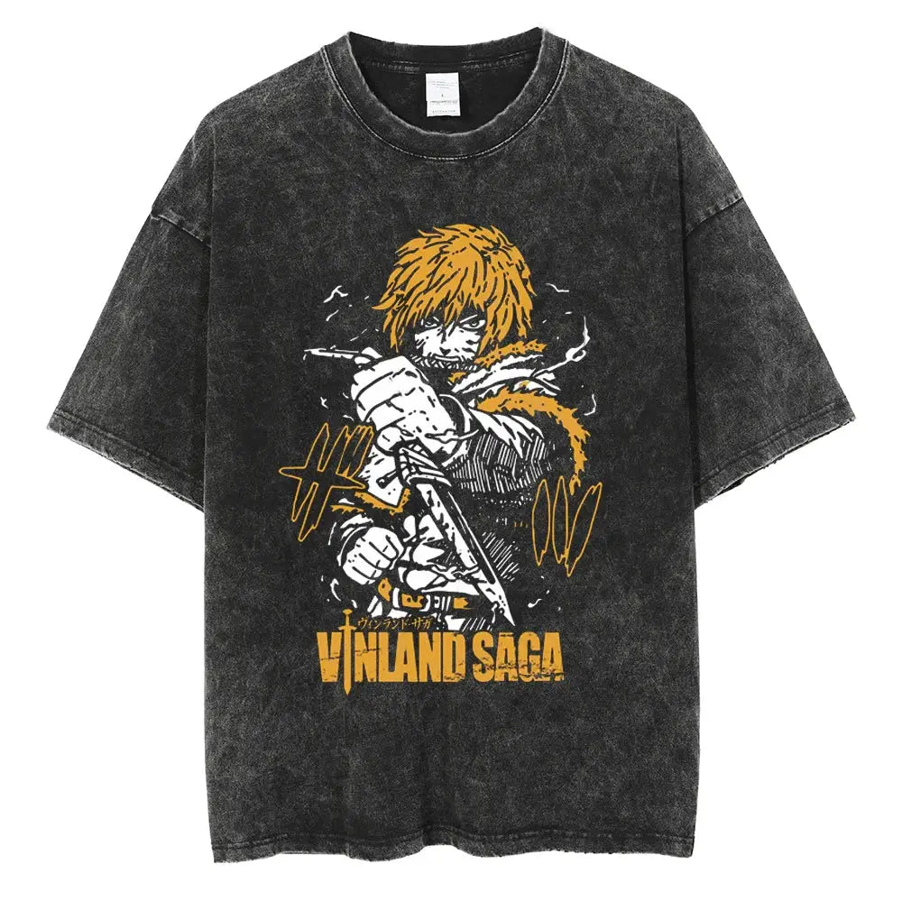 Black distressed cotton t-shirt with bold yellow and white björn graphic from vinland saga manga saga manga