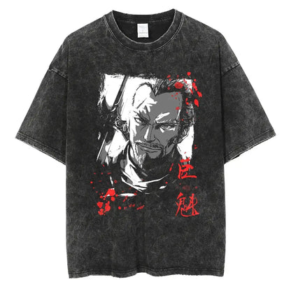 Black distressed cotton vinland saga manga t-shirt with bold anime graphic red splatter and japanese kanji text