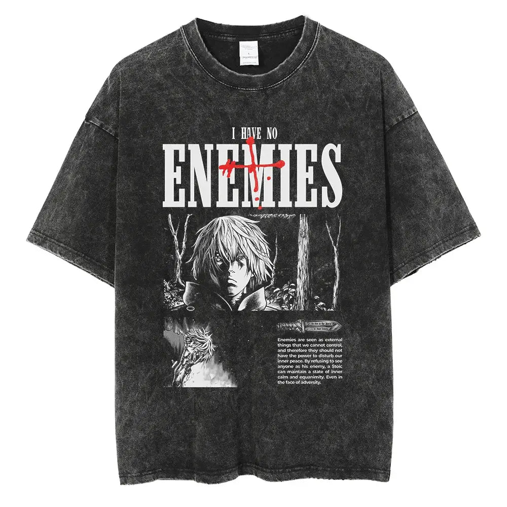Black distressed cotton vinland saga manga t-shirt with white i have no enemies text and red blood splatter on cross