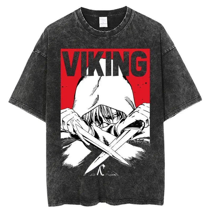 Black distressed cotton vinland saga manga t-shirt with bold red and white viking graphic and crossed swords design