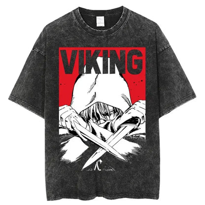 Black distressed cotton vinland saga manga t-shirt with bold red and white viking graphic and crossed swords design