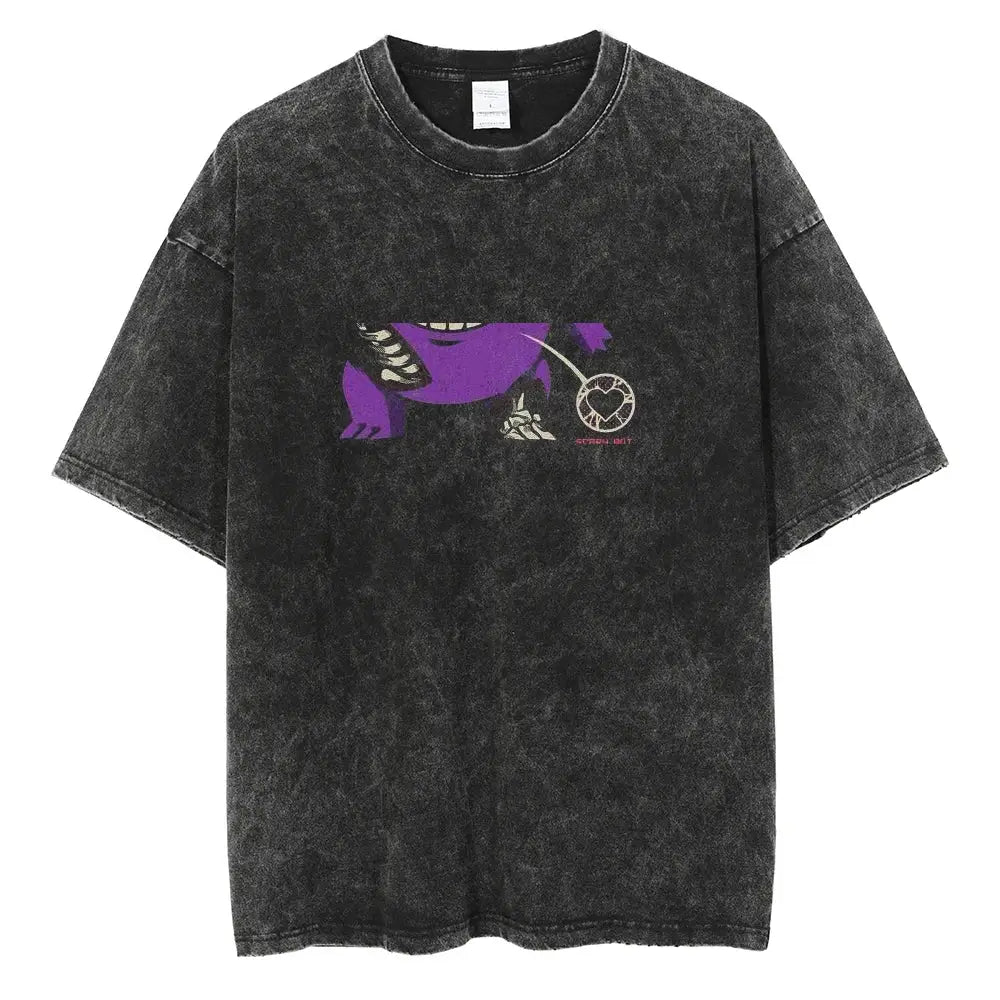 Black distressed cotton vinland saga manga t-shirt with purple stylized creature graphic and heart-shaped gear design