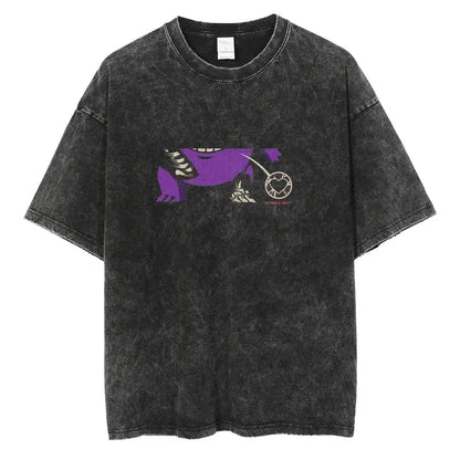 Black distressed cotton vinland saga manga t-shirt with purple stylized creature graphic and heart-shaped gear design