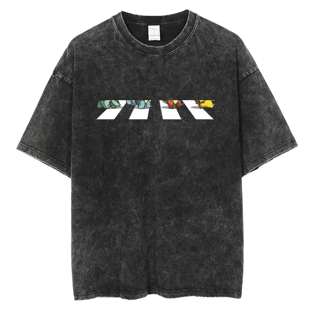 Black distressed cotton vinland saga manga t-shirt with colorful cartoon characters crossing zebra-striped road