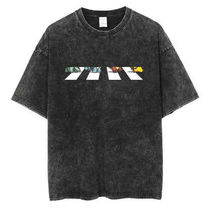 Black distressed cotton vinland saga manga t-shirt with colorful cartoon characters crossing zebra-striped road
