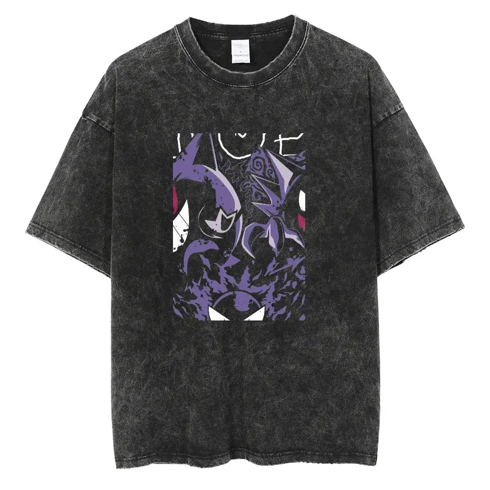 Black distressed cotton vinland saga manga t-shirt with bold purple and white mewtwo graphic and washed o-neck design
