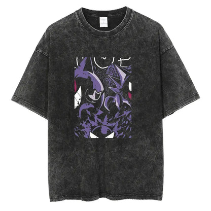 Black distressed cotton vinland saga manga t-shirt with bold purple and white mewtwo graphic and washed o-neck design